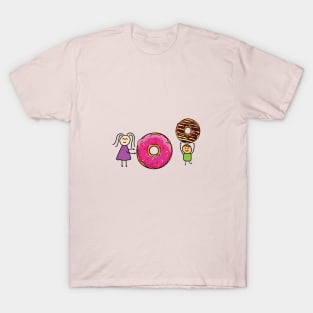 funny girl and boy playing with doughnuts T-Shirt